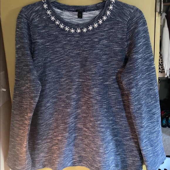 J Crew, medium, navy and white thin shirt/sweatshirt with rhinestone detail - Picture 1 of 6